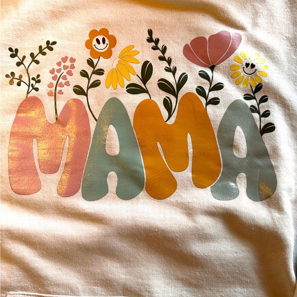 Gildan  XL sand heavy blend hoodie with Floral mama screenprint transfer.‎ NWT. - Picture 2 of 5